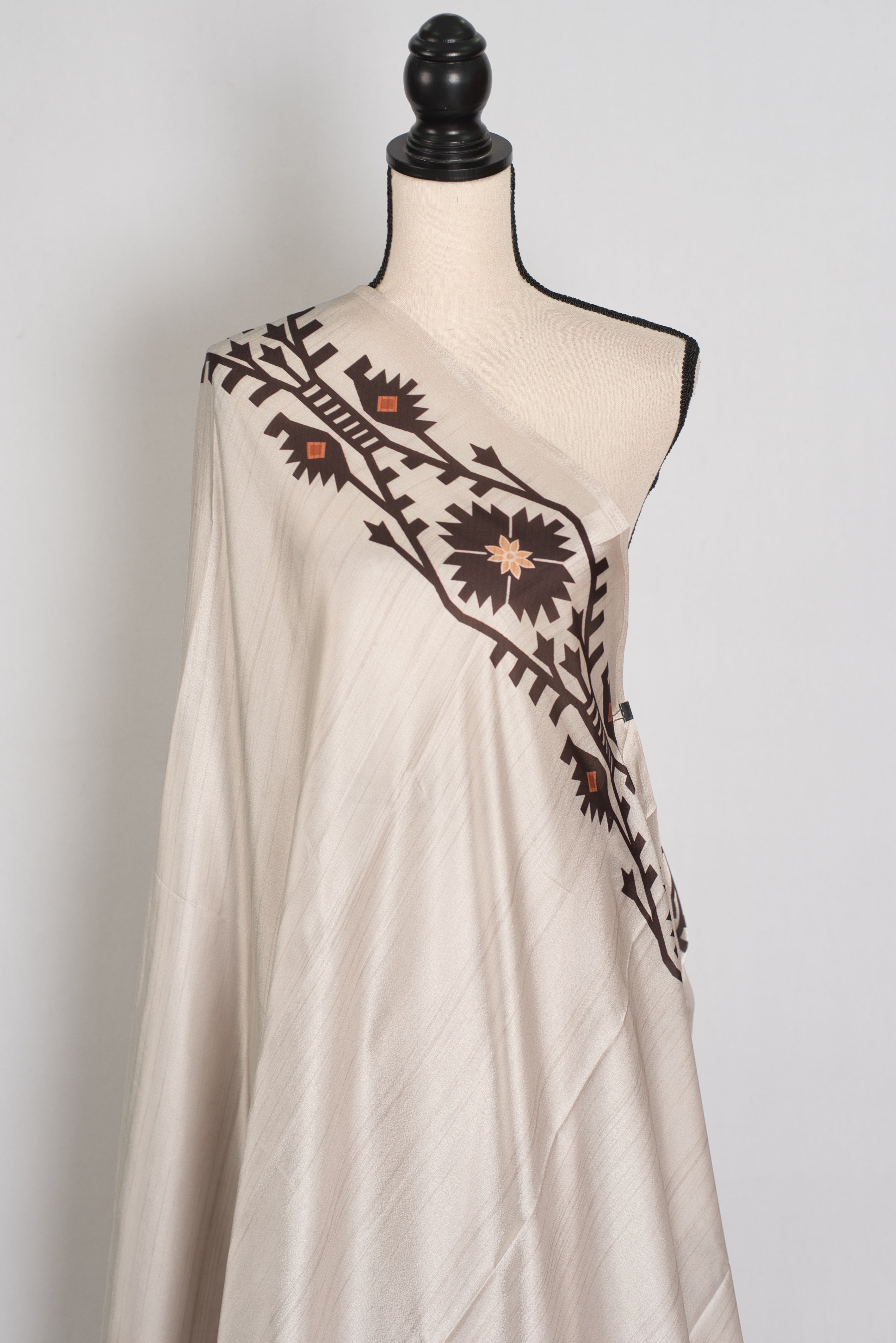 Rita | Cement White Soft Satin Saree with Traditional Kolka Prints