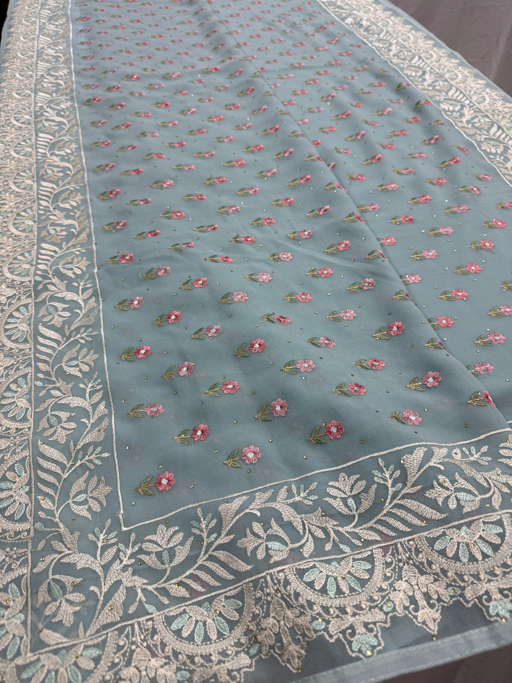 Grace | Sky Blue Georgette Partywear Saree | Pastel Floral Booti Embroidery