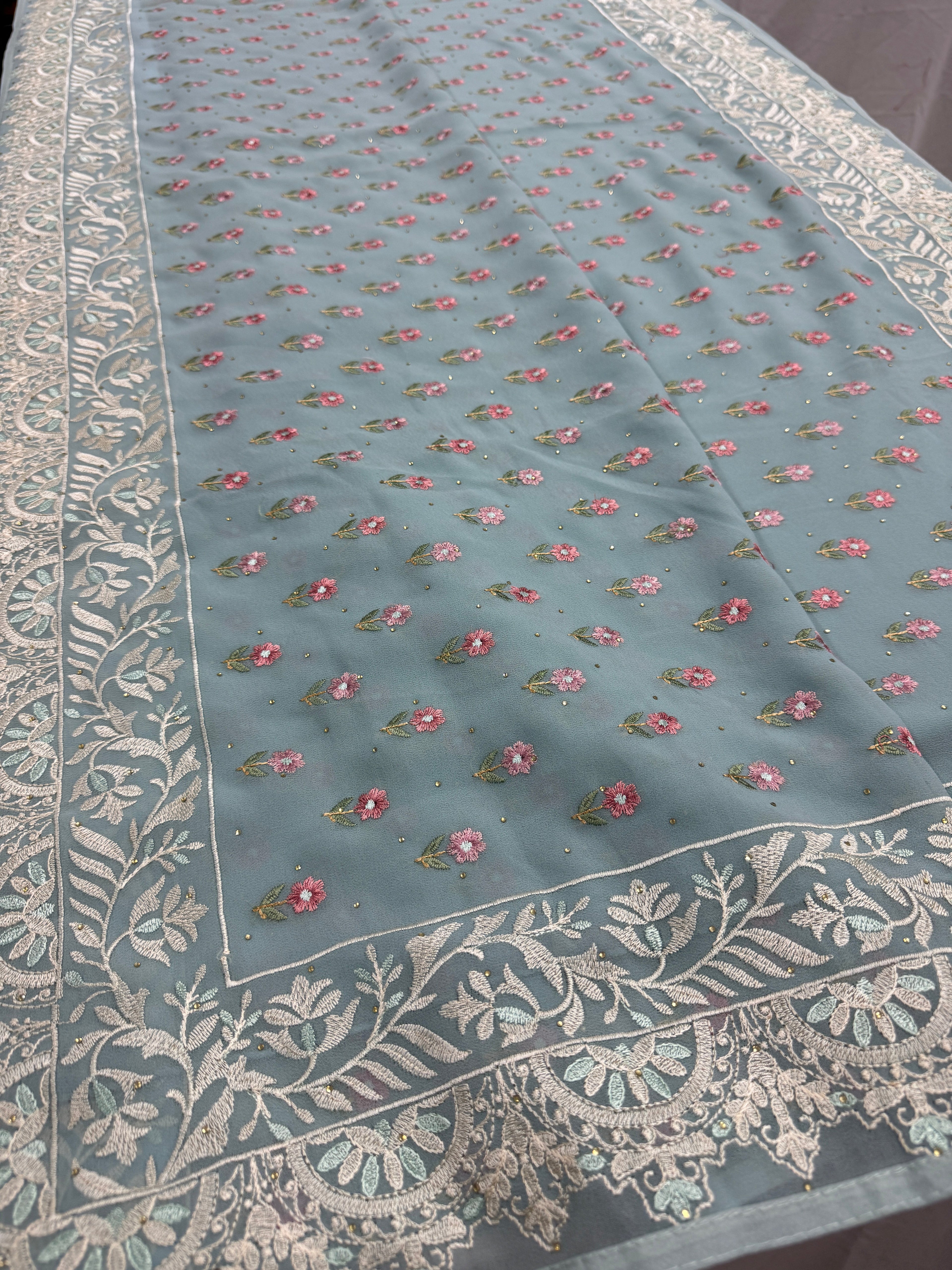 Grace | Sky Blue Georgette Partywear Saree | Pastel Floral Booti Embroidery