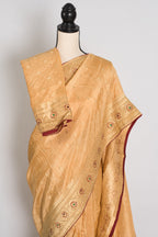 Benu : Beige and Gold Dola Silk Banarasi Saree with Hand-Embroidered Work
