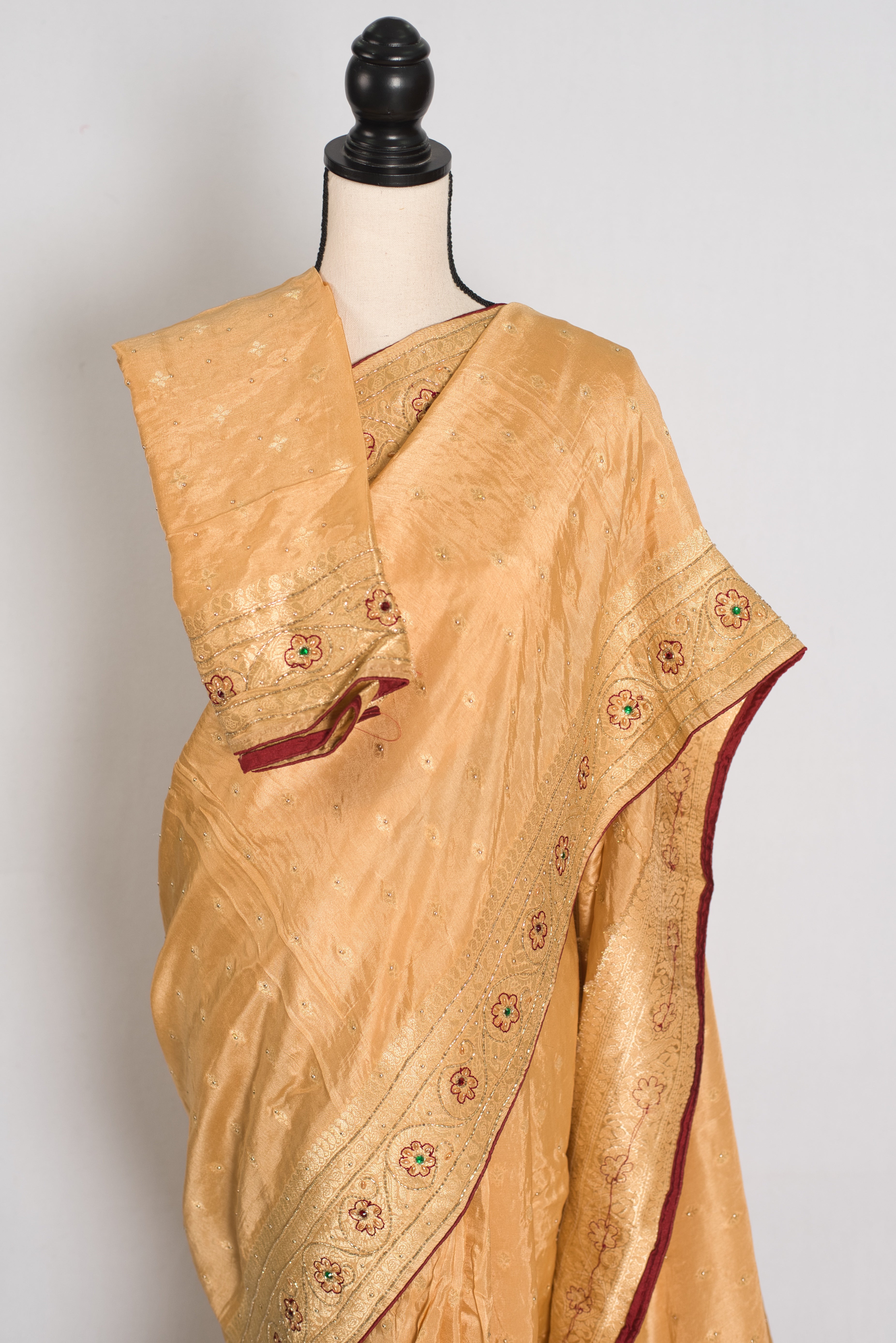 Benu : Beige and Gold Dola Silk Banarasi Saree with Hand-Embroidered Work