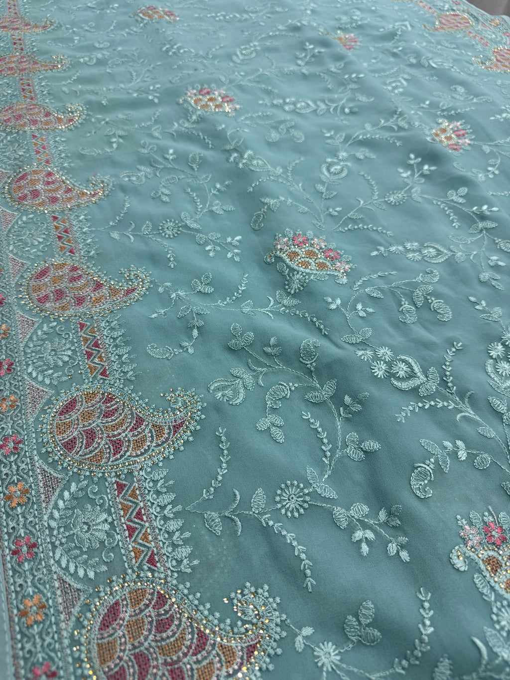 Sudha | Soft Blue Georgette Partywear Saree | Soothing Pastel Floral Embroidery