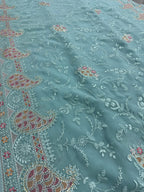 Sudha | Soft Blue Georgette Partywear Saree | Soothing Pastel Floral Embroidery