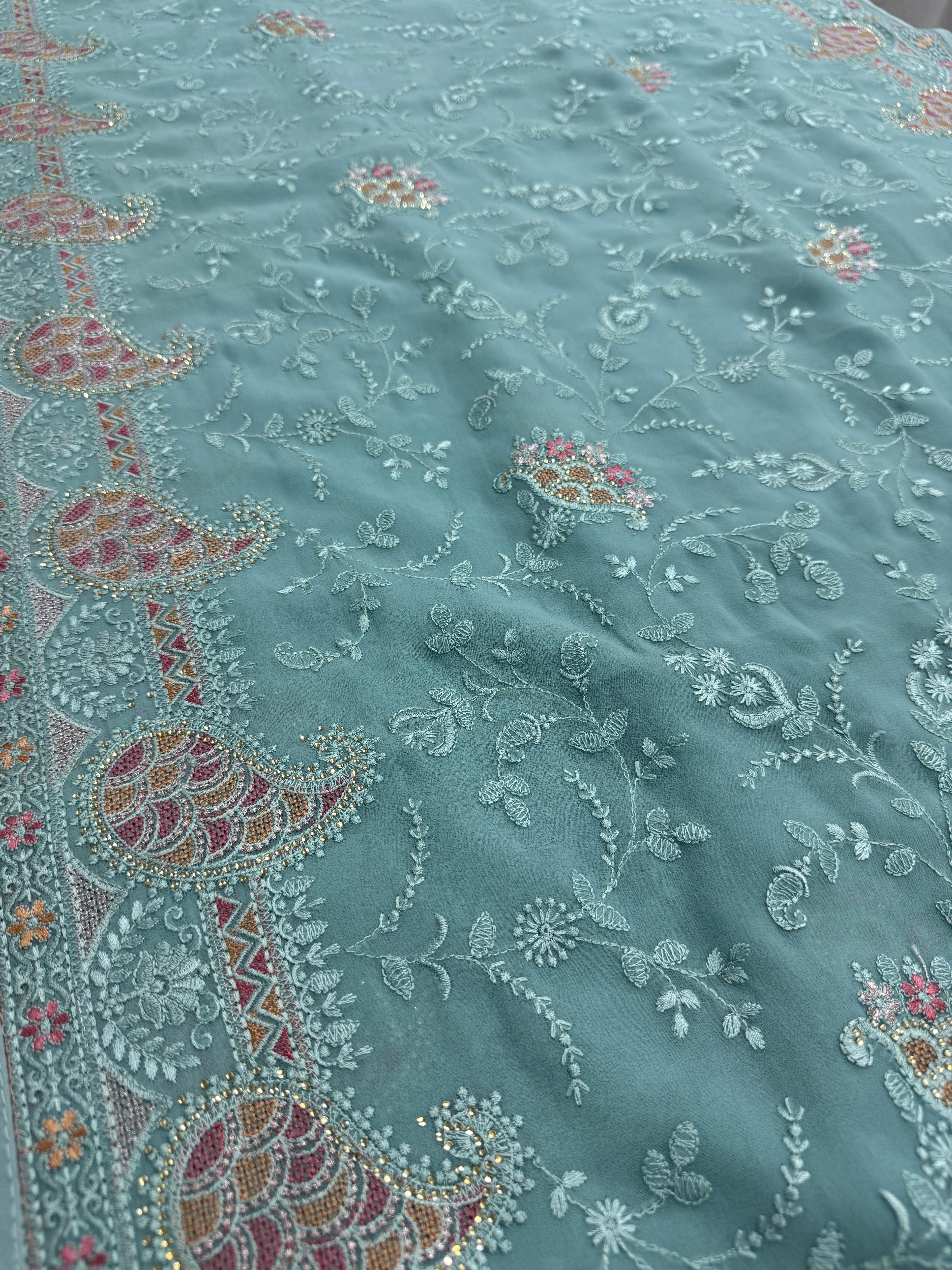 Sudha | Soft Blue Georgette Partywear Saree | Soothing Pastel Floral Embroidery