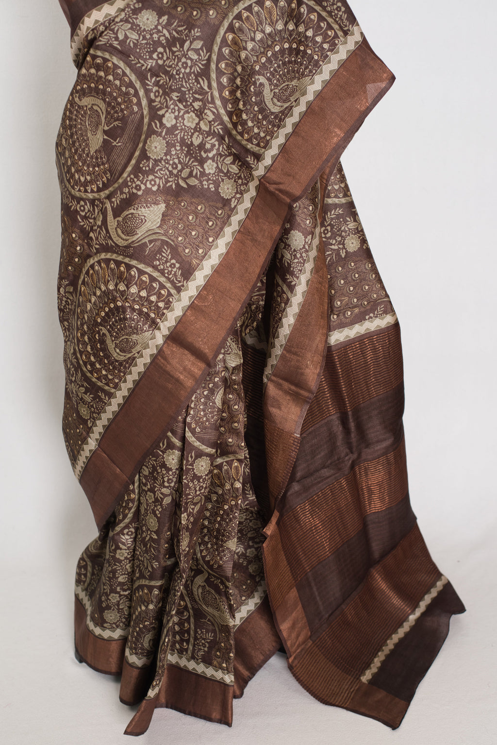 Kala | Earthy Brown Pure Tussar Silk Saree | Heritage Kalamkari Art Prints