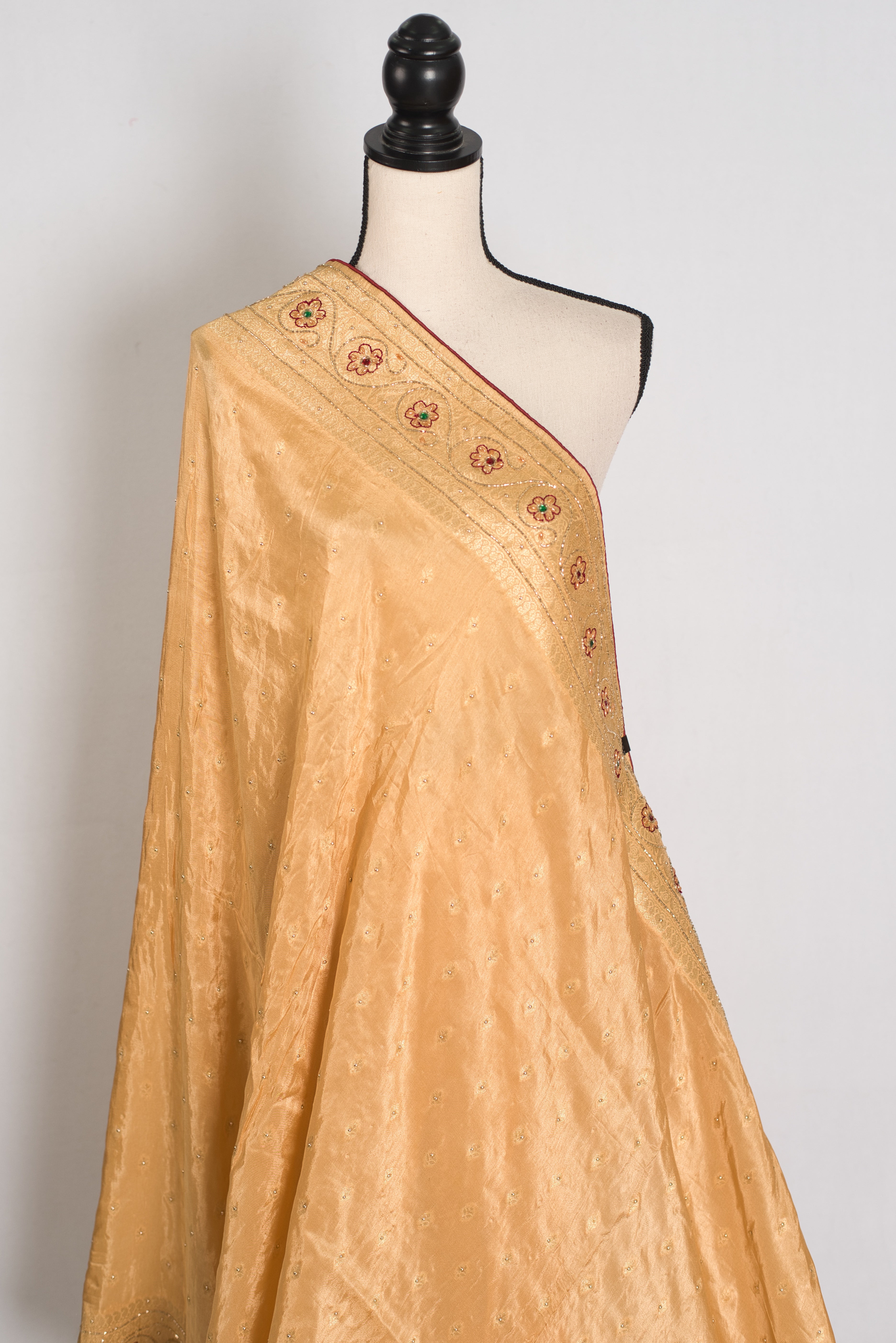 Benu : Beige and Gold Dola Silk Banarasi Saree with Hand-Embroidered Work