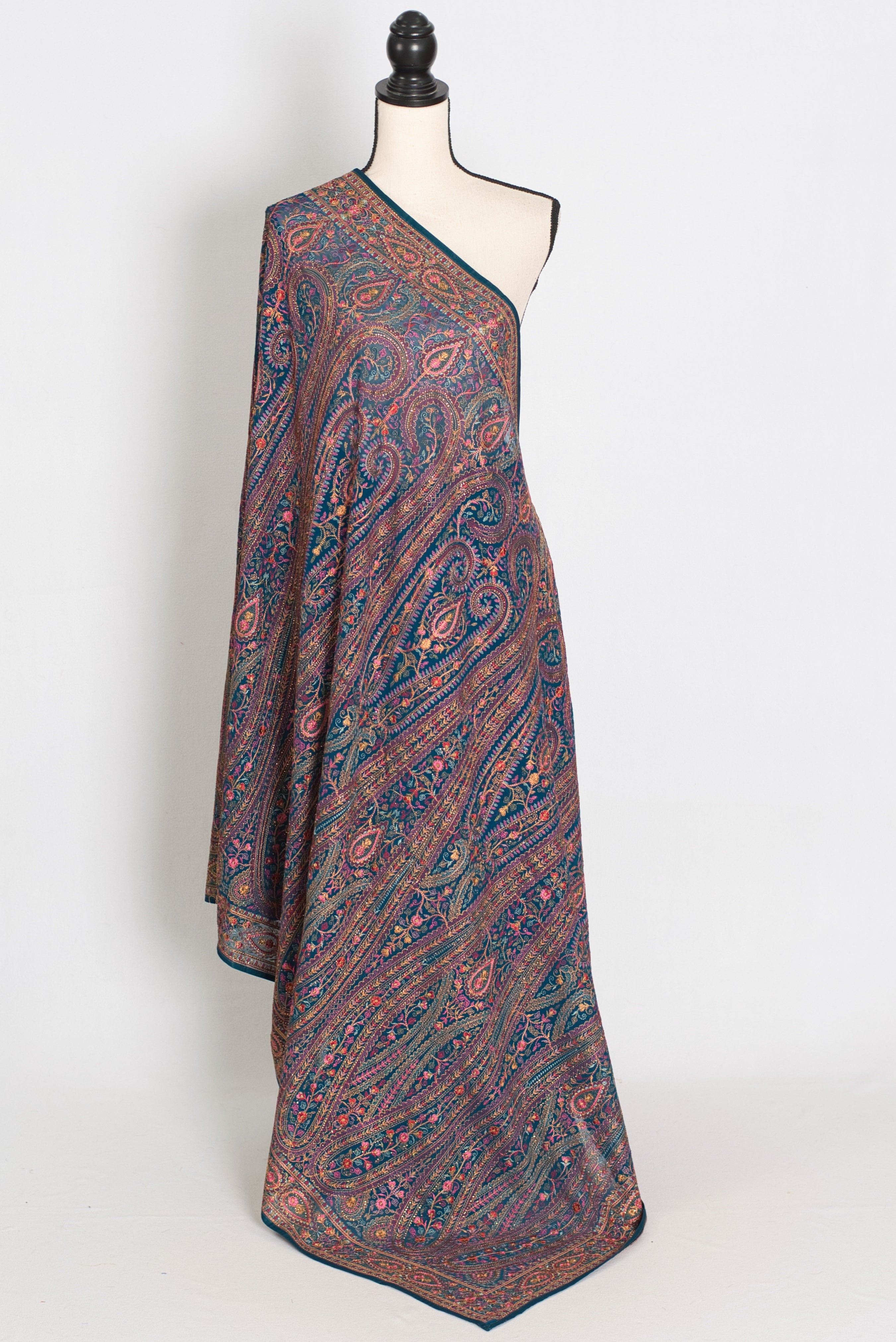 Mira | Cobalt Blue Georgette Saree | All-Over Multicolor Kashmiri Embroidery