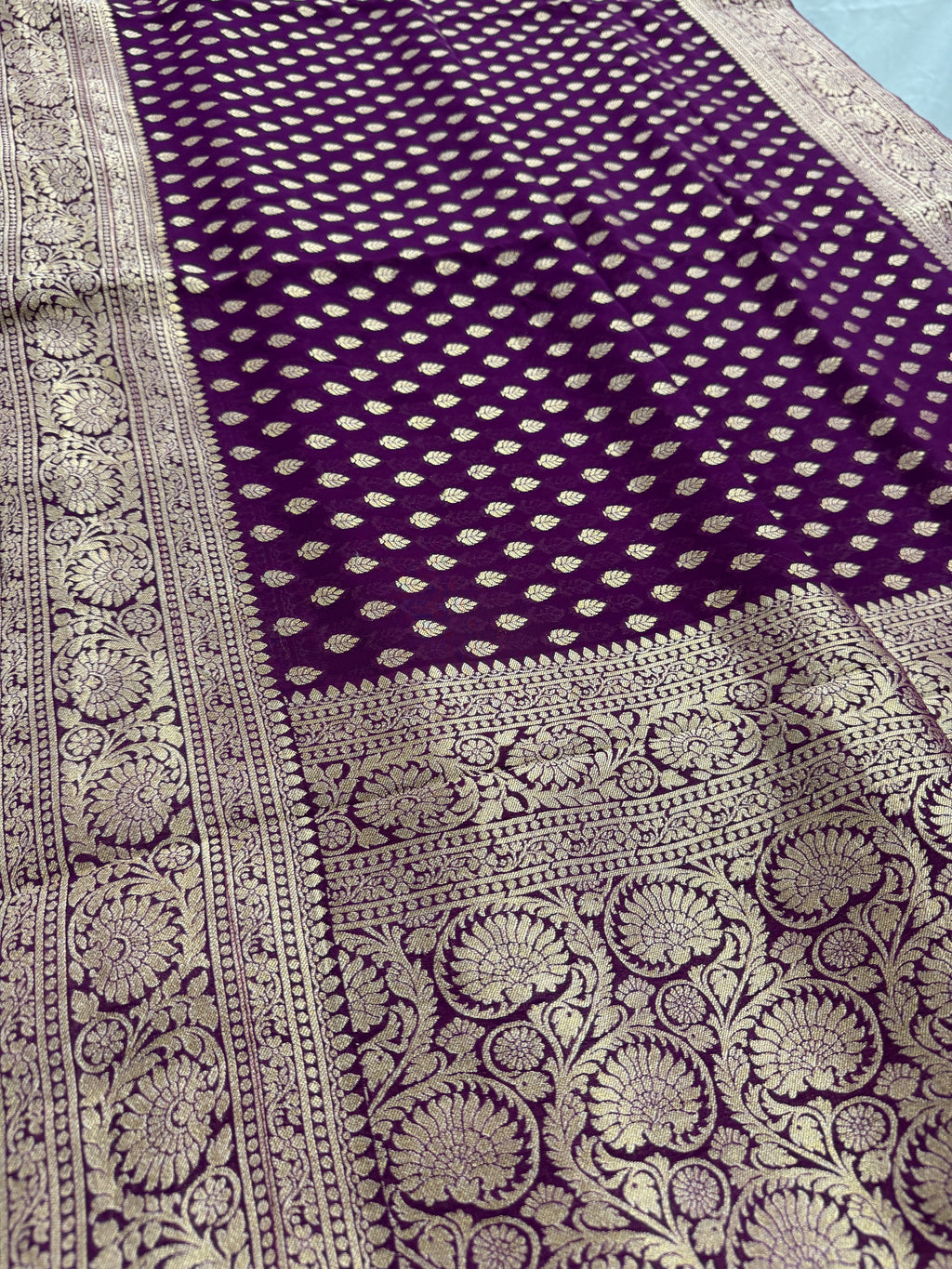 Trina : Wine and Gold Crepe Georgette Banarasi Saree