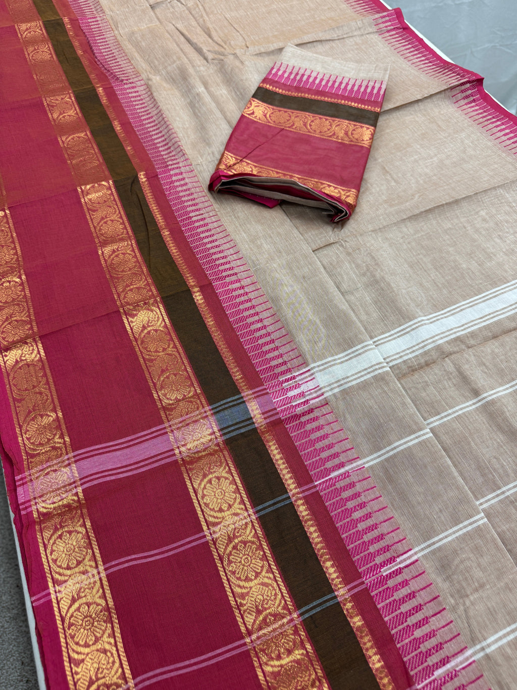 Avvai : Light Brown Kanchi Cotton Saree - Handwoven South Indian Elegance