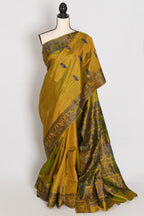 Bithi | Heena Green Handwoven Bishnupuri Baluchari Silk Saree | 38 Size Blouse