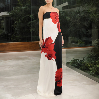 Contrast Color Sleeveless Sexy Print Tube Top Length Dress
