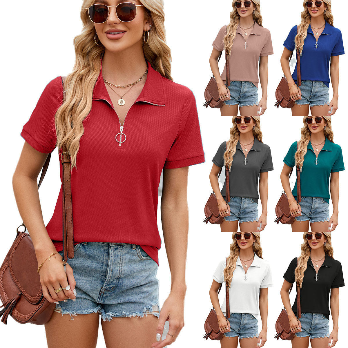 Summer Short Sleeve T-shirt Casual Loose Solid Color Zipper And Lapel Top For Women