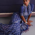 Indian Traditional Thin Deep Blue Printed Cotton and Linen Sari