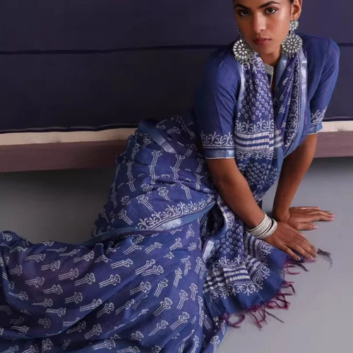 Indian Traditional Thin Deep Blue Printed Cotton and Linen Sari