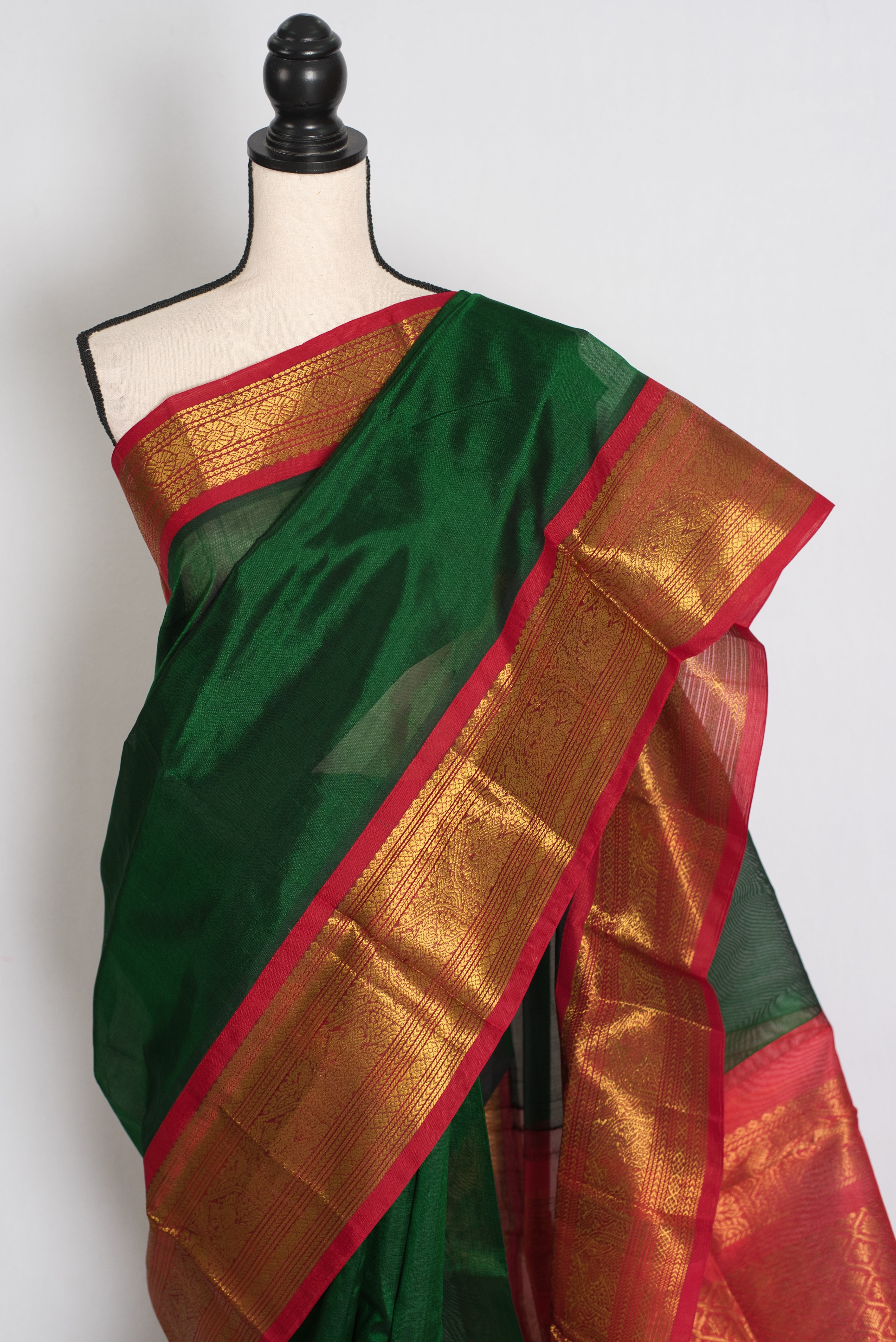 Latha : Bottle Green and Red Cotton Silk Kanjivaram Saree with 36 Size Blouse