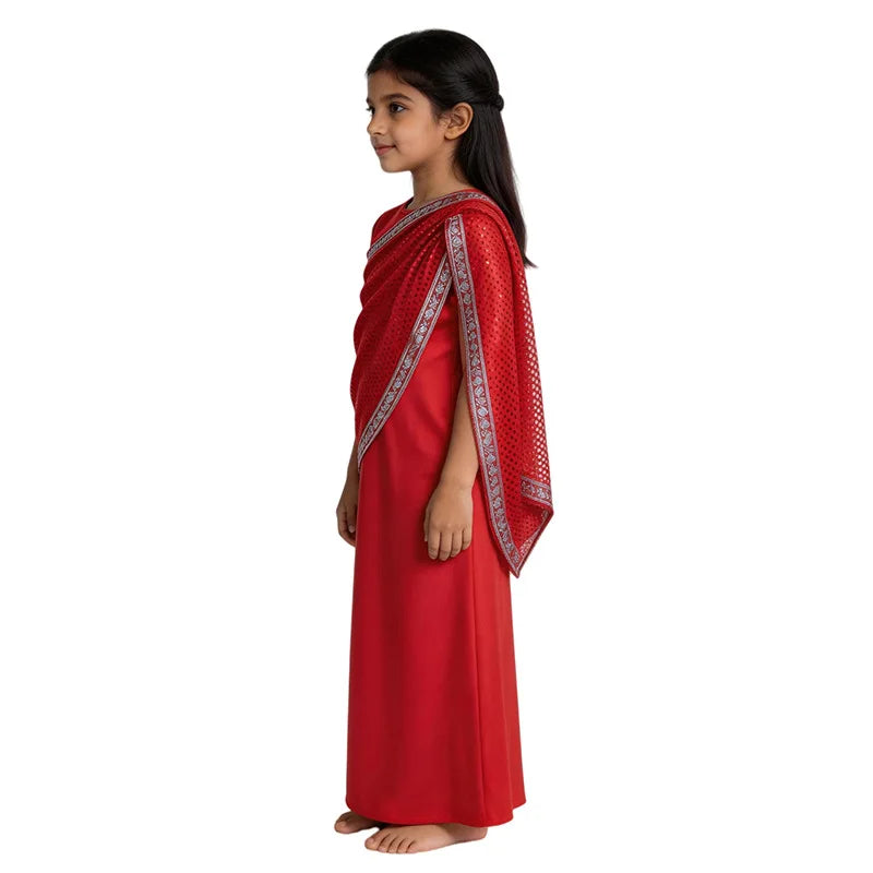 Girls Red Indian Ethnic Sequin Gown Kids Traditional Saree Dress Children Diwali Wedding Carnival Stage Performance Costume