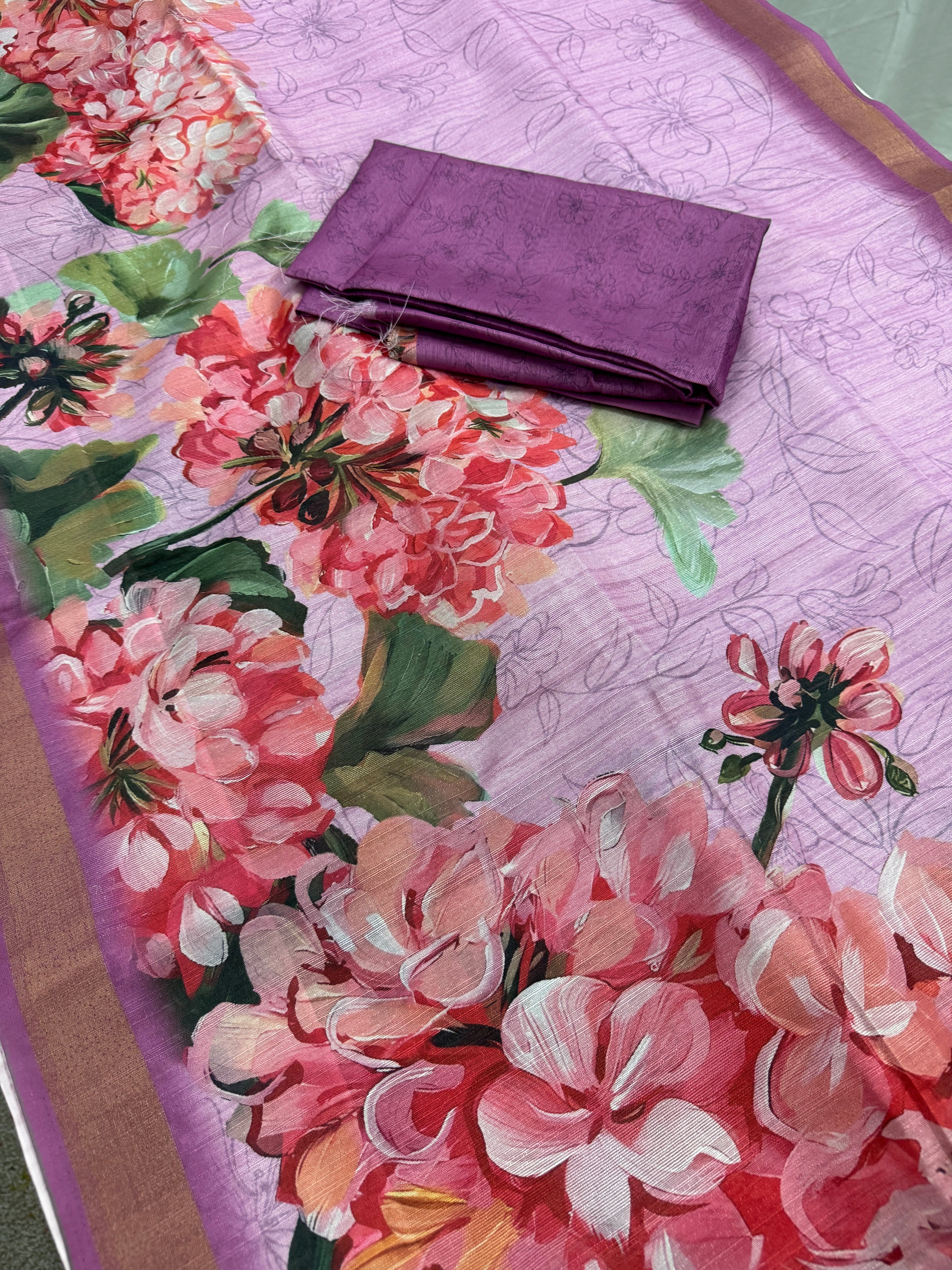 Lila | Lavender & Pink Floral Printed Semi Tussar Saree