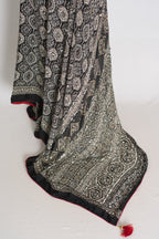 Ishq : Trending Black and Gray Semi Modal Silk Ajrakh Saree
