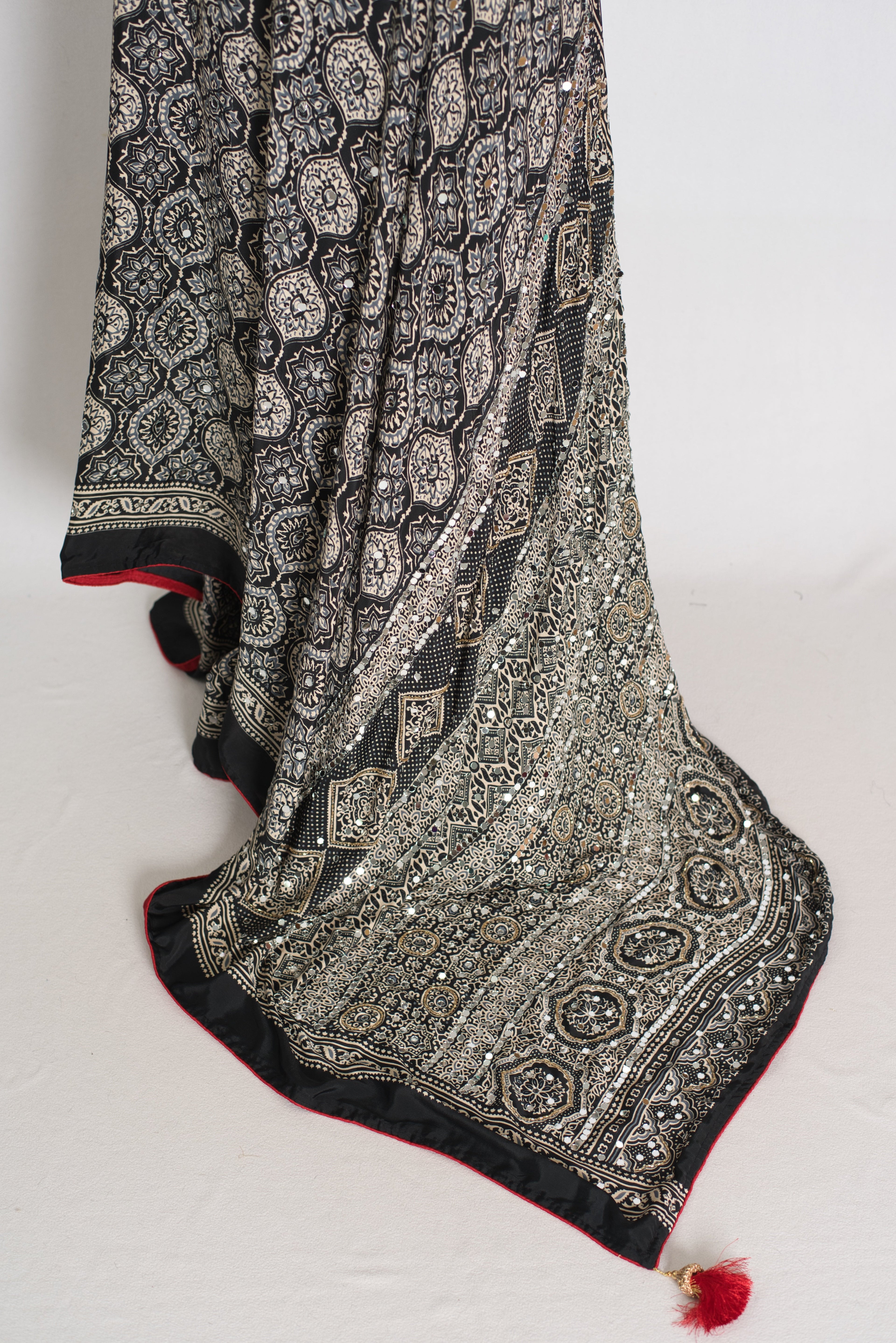 Ishq : Trending Black and Gray Semi Modal Silk Ajrakh Saree