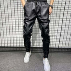 Mens Windproof Leather Motorcycle Pants In Solid Black Slim-fit