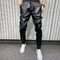 Mens Windproof Leather Motorcycle Pants In Solid Black Slim-fit