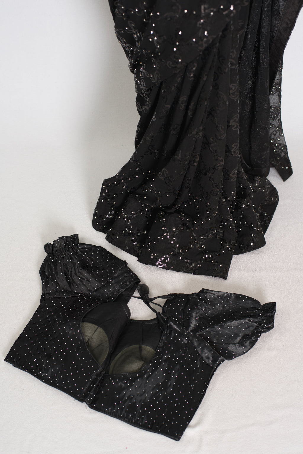 Kajaal | Black Soft Net Fitted Cocktail Saree| Sequins & Stone Embellishments