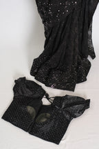Kajaal | Black Soft Net Fitted Cocktail Saree| Sequins & Stone Embellishments
