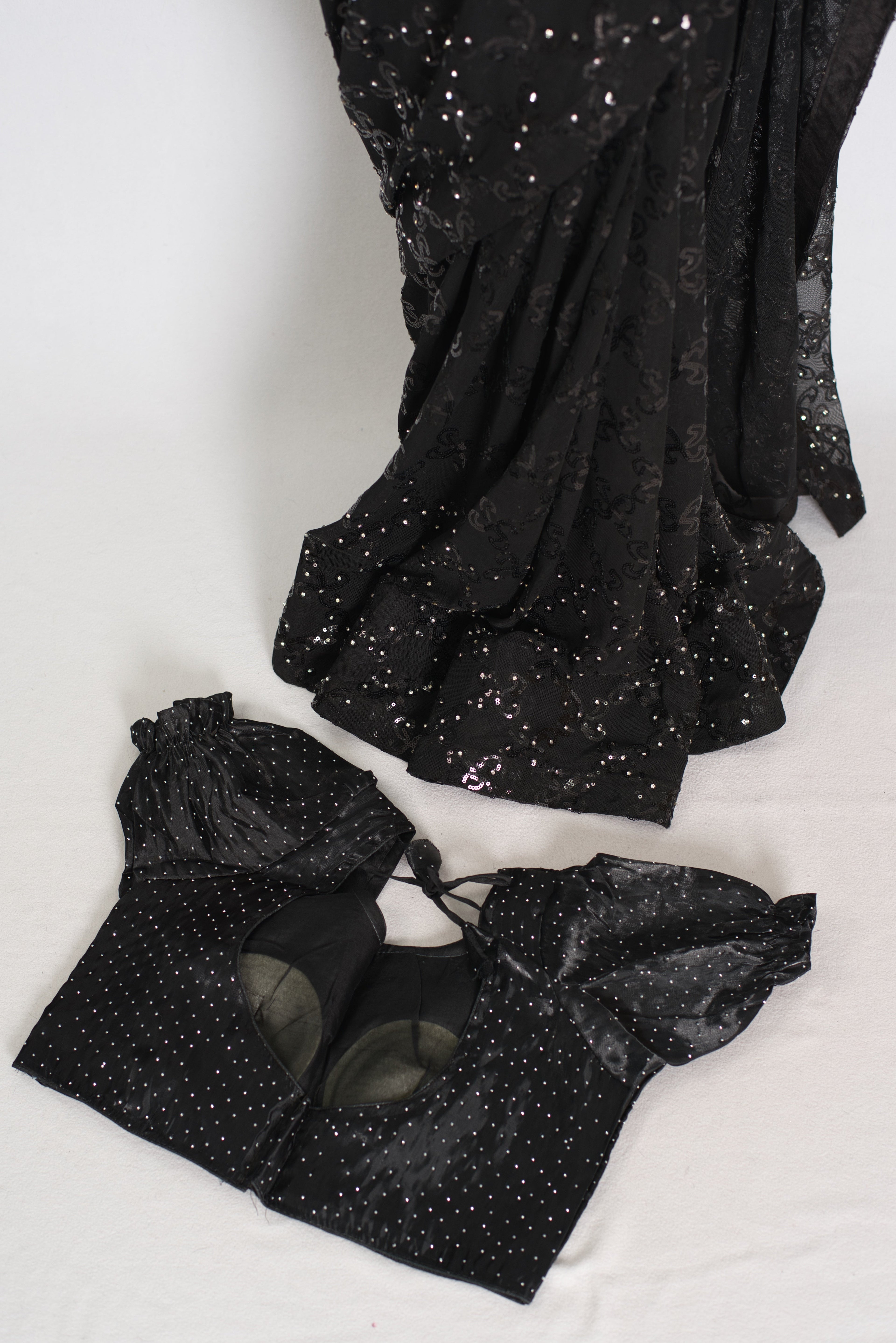 Kajaal | Black Soft Net Fitted Cocktail Saree| Sequins & Stone Embellishments
