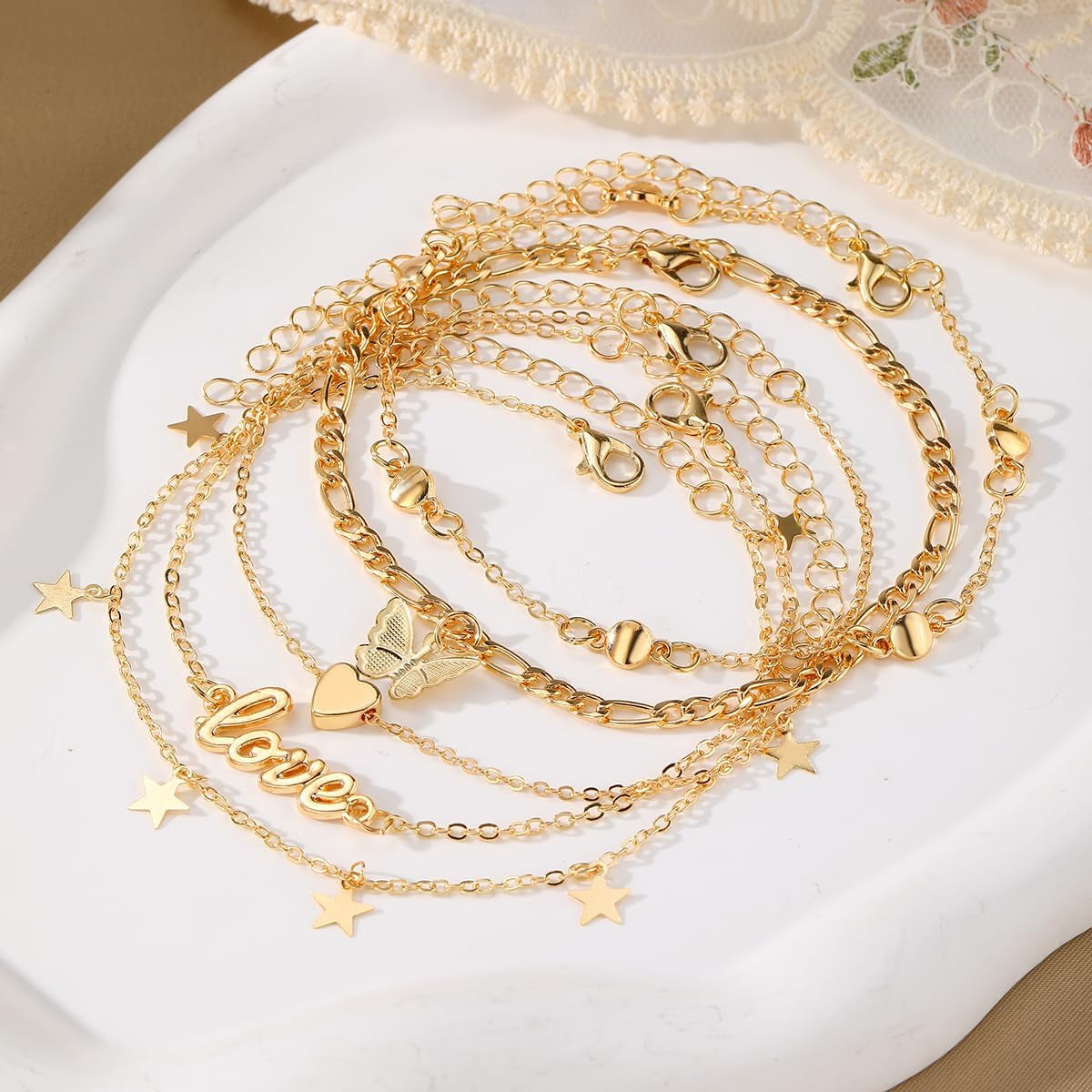 Gold Anklets for Women, Adjustable Layered Charm Ankle Chains