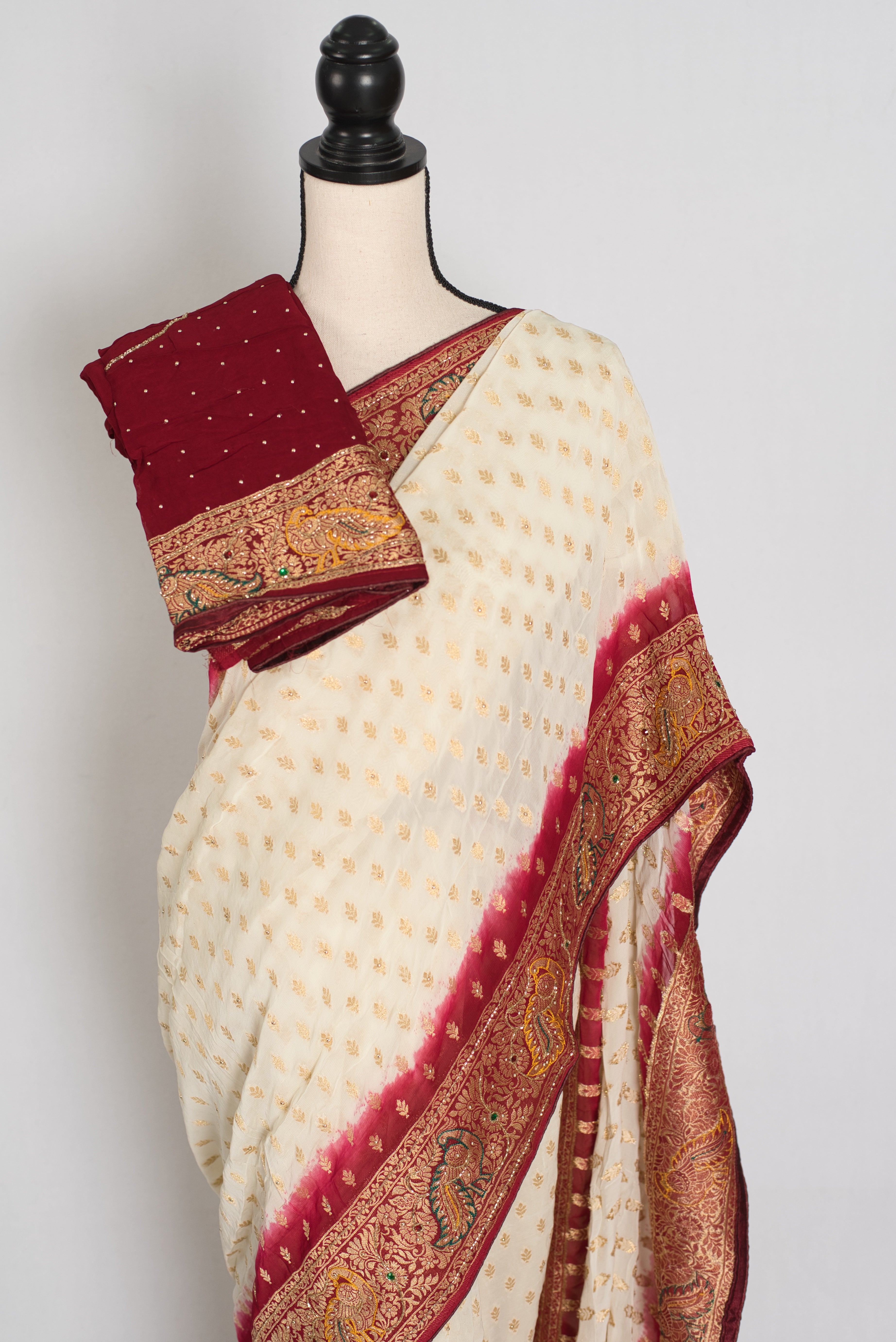 Jiya | Cream & Maroon Crepe Georgette Banarasi Saree | Traditional Bengali look