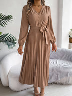 Women's Elegant V-Neck Button Tie-Waist Flared Pleated Maxi Dress