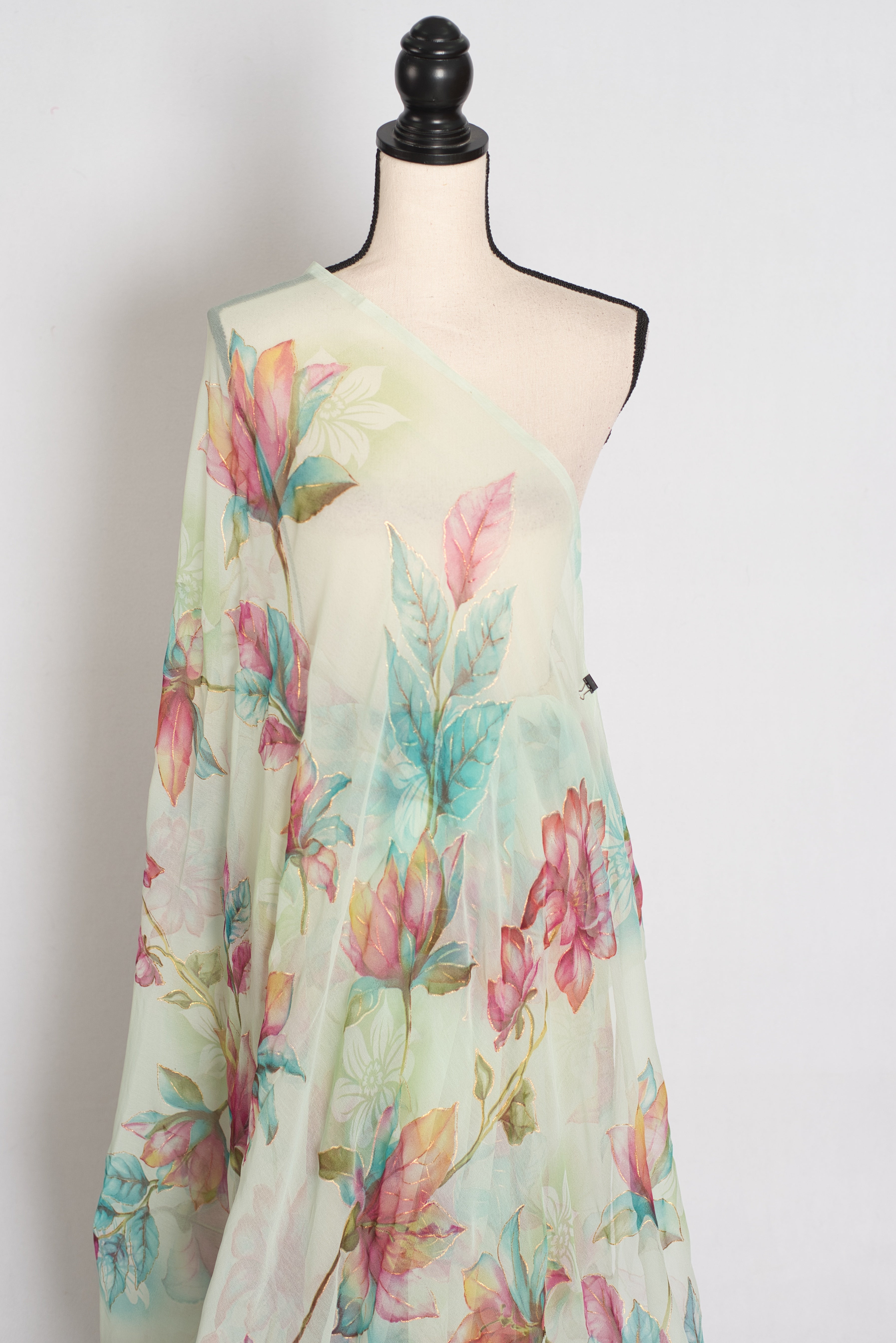 Ila : Sea Green Floral Printed Chiffon Saree – Budget-Friendly Summer Drape