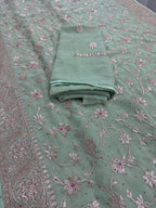 Pooja | Sea Green Georgette Partywear Saree | Elegant Machine Floral Embroidery