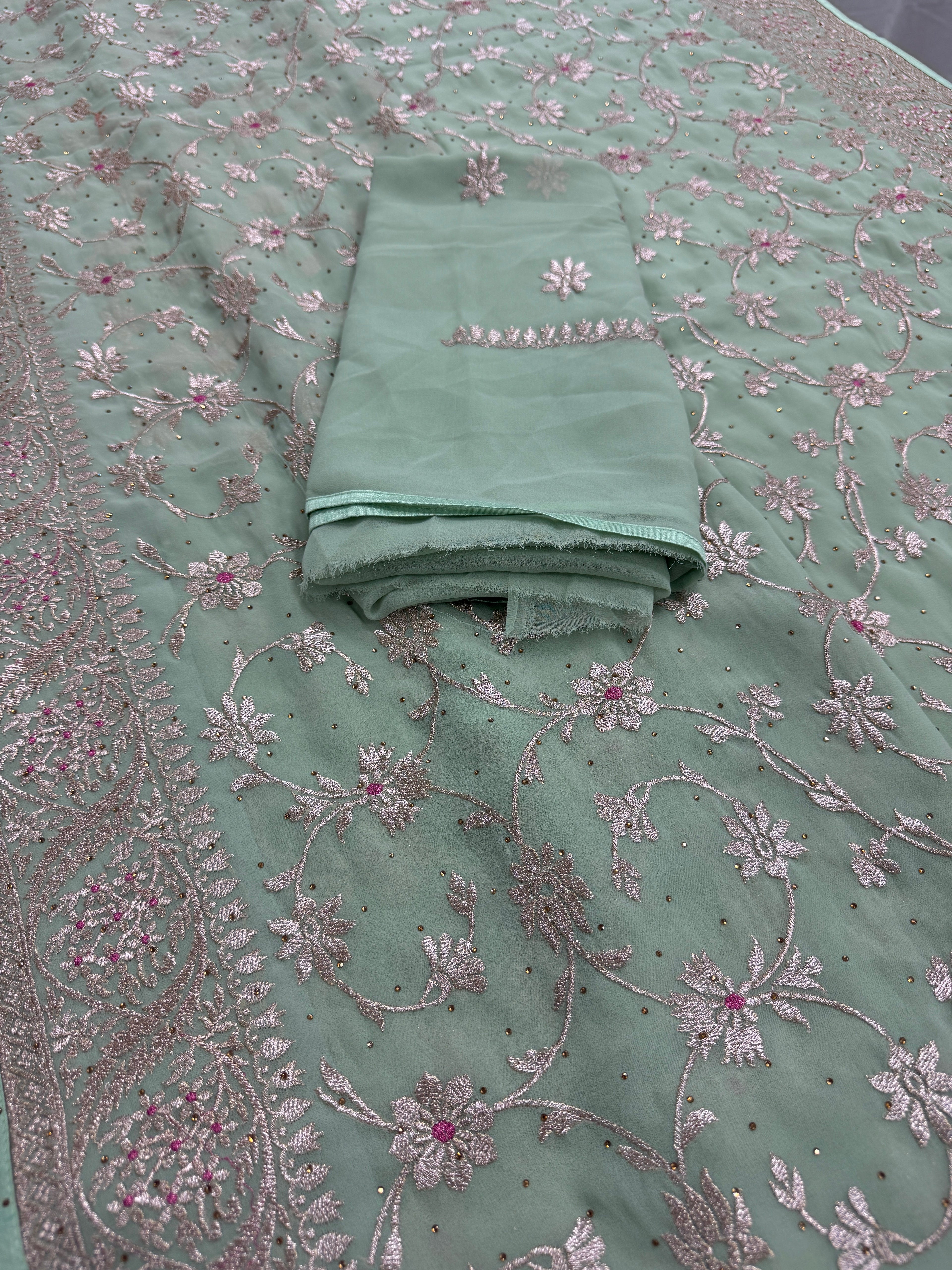 Pooja | Sea Green Georgette Partywear Saree | Elegant Machine Floral Embroidery