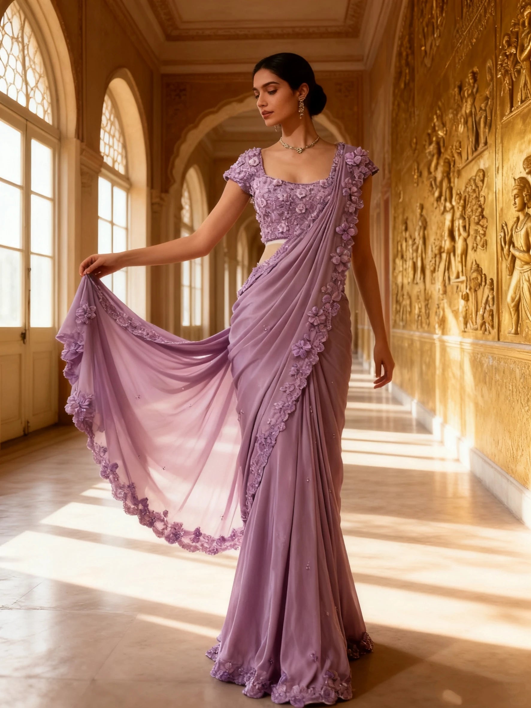 Luxury Middle Eastern Evening Dresses Purple Indian Saree 3D Flower Embroidery Exquisite Bridal Customised Vestido de festas