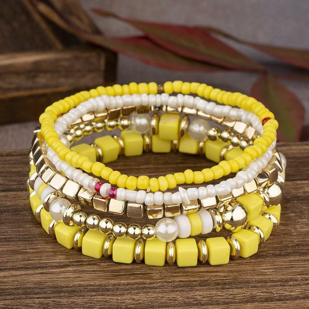 Colorful Layered Boho Bracelet for Women Yellow Black White Beaded Bracelet Set Statement Stretch Bracelet Birthday Party Friendship Jewelry