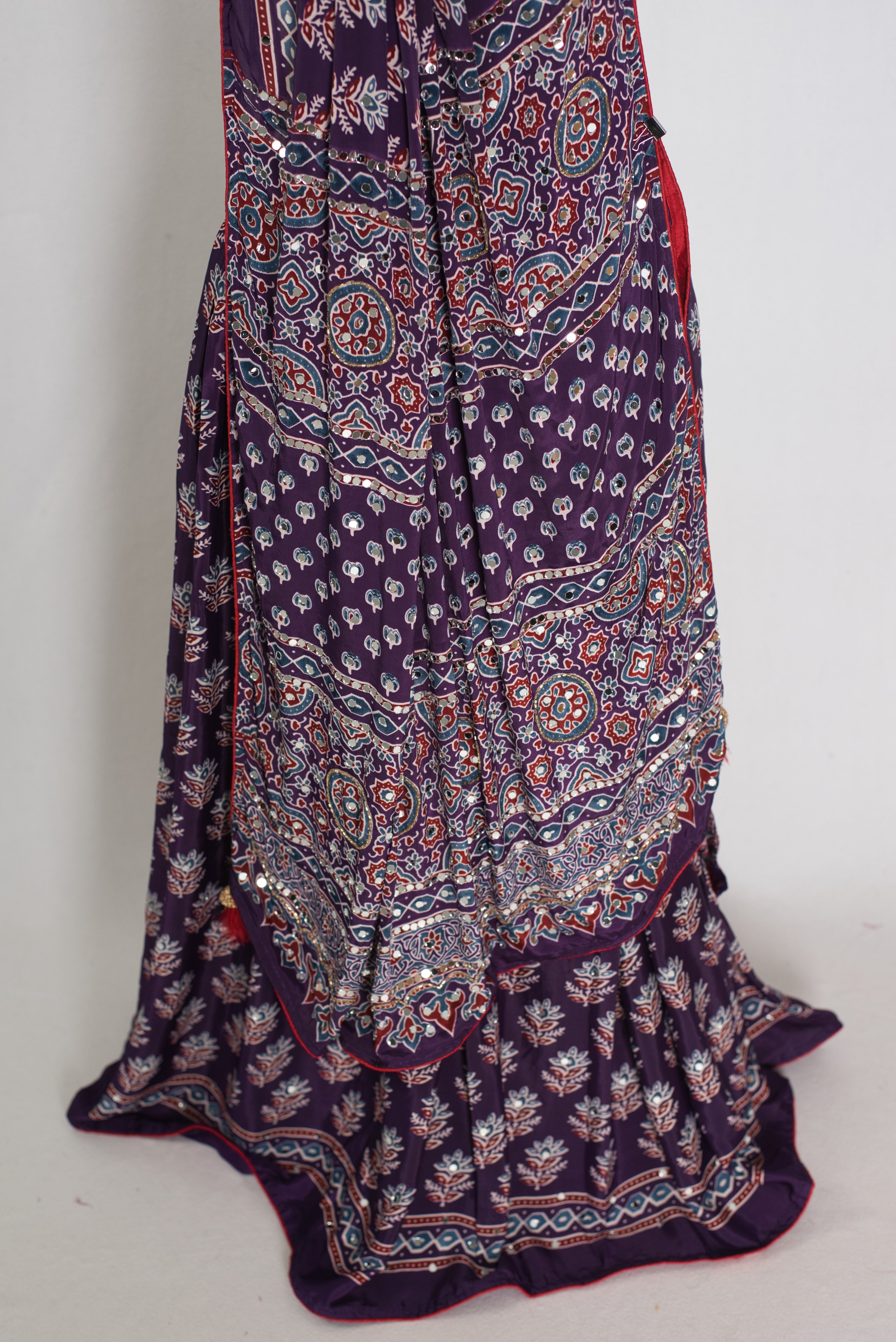 Parul | Purple Ajrakh Print Lehenga Saree with Stitched Blouse