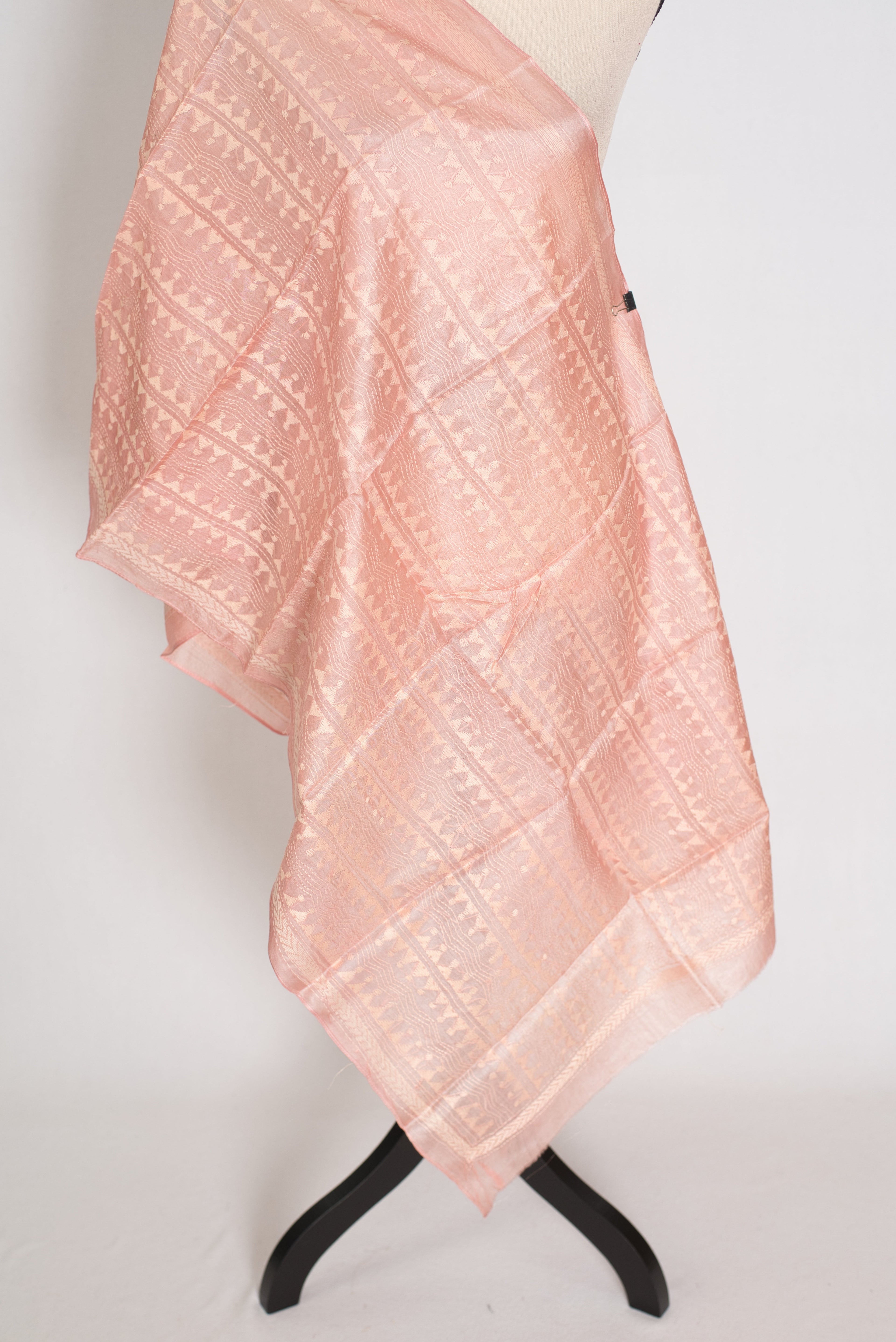 Benu : Tussar Silk Stole with Kantha Stitch – Pastel Peach Hand Embroidery