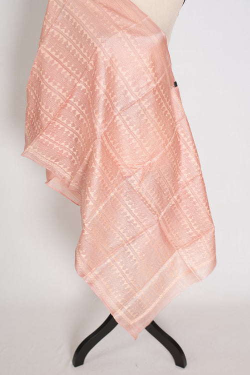 Benu : Tussar Silk Stole with Kantha Stitch – Pastel Peach Hand Embroidery