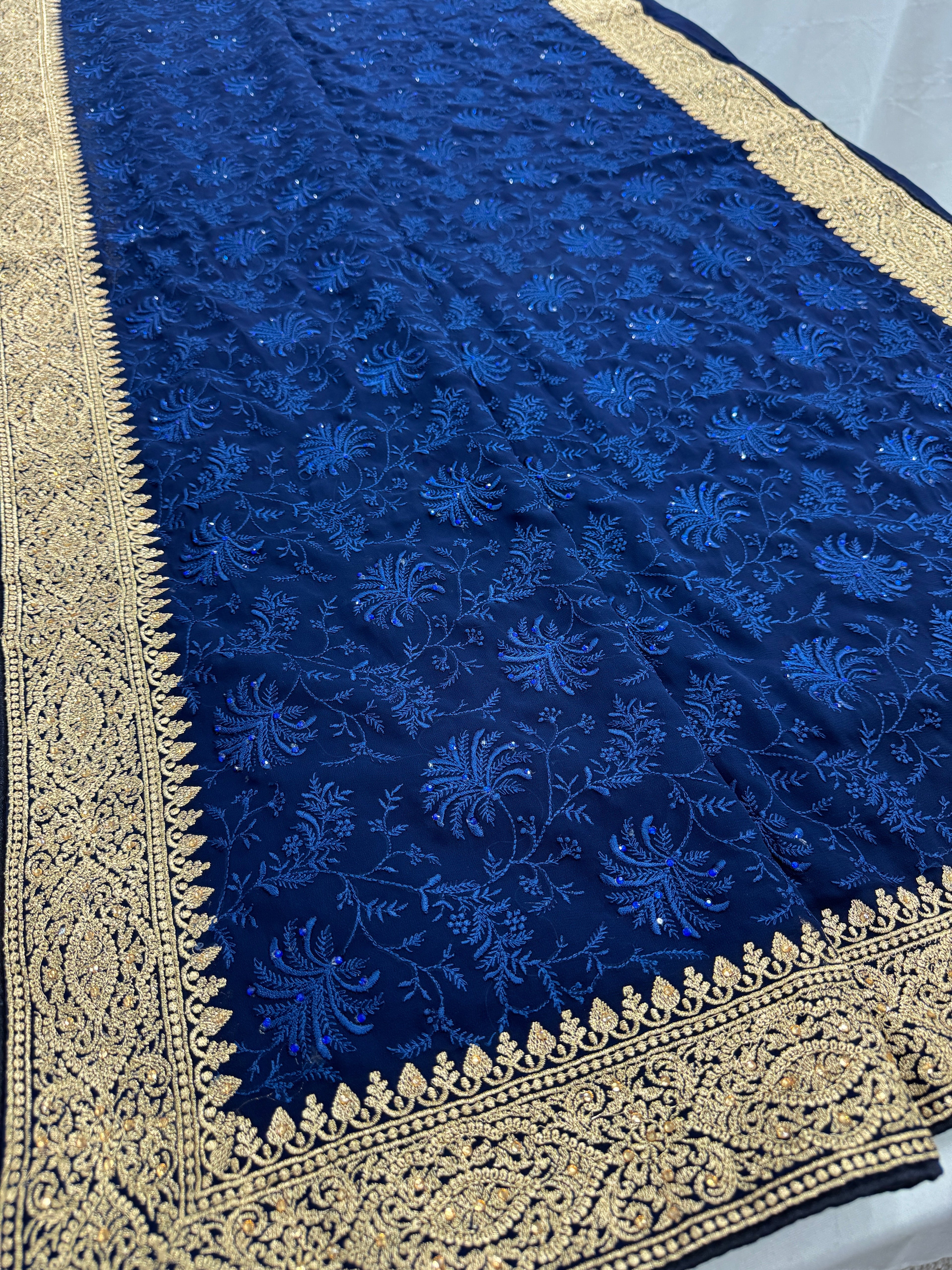 Afrin | Midnight Blue Georgette Partywear Saree | Trending Bollywood Style