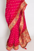 Nadira | Dark Pink & Red Crepe Georgette Banarasi Saree | Hand-Embroidery