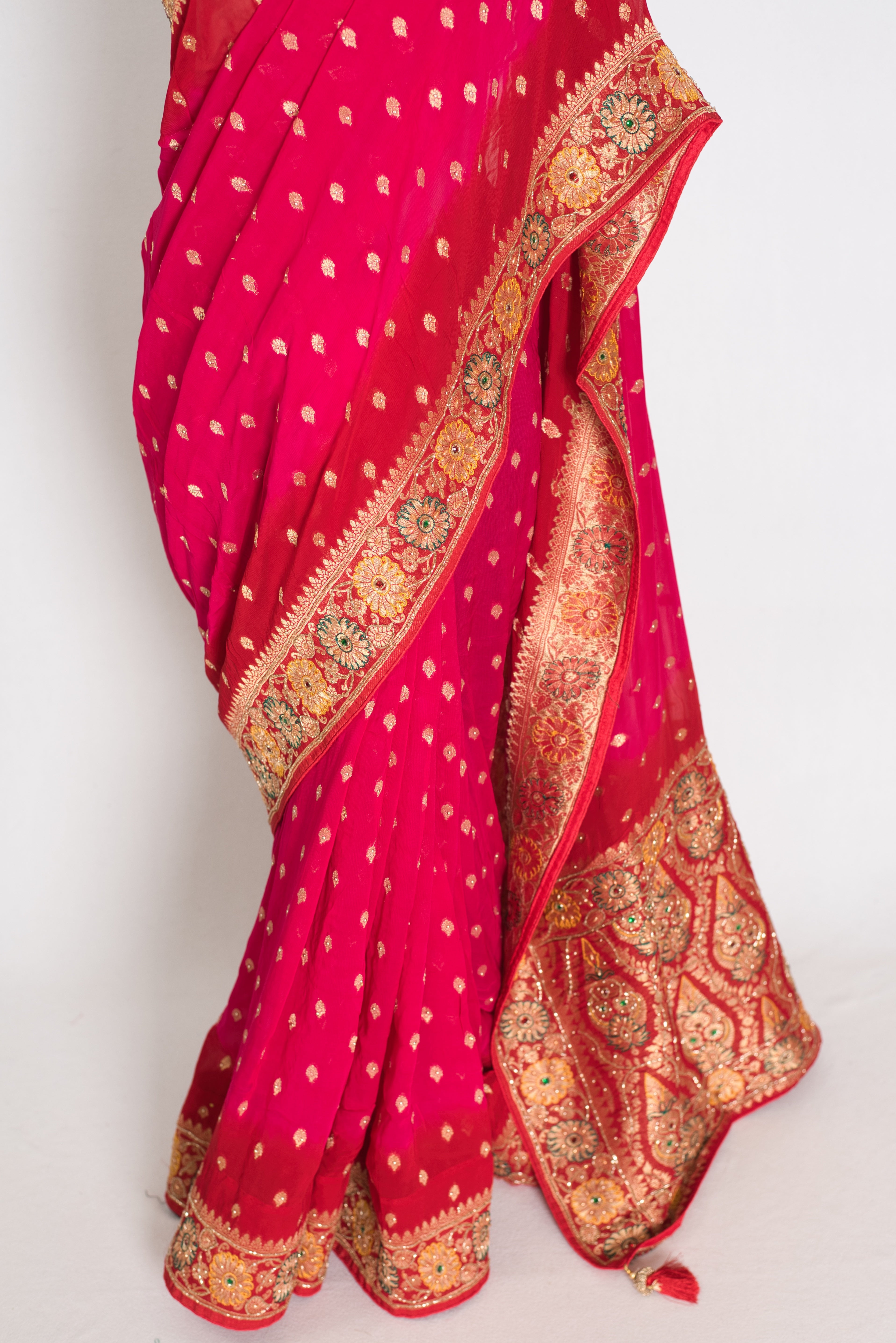 Nadira | Dark Pink & Red Crepe Georgette Banarasi Saree | Hand-Embroidery