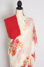 Liza : Cream and Red Floral Printed Chiffon Georgette Saree
