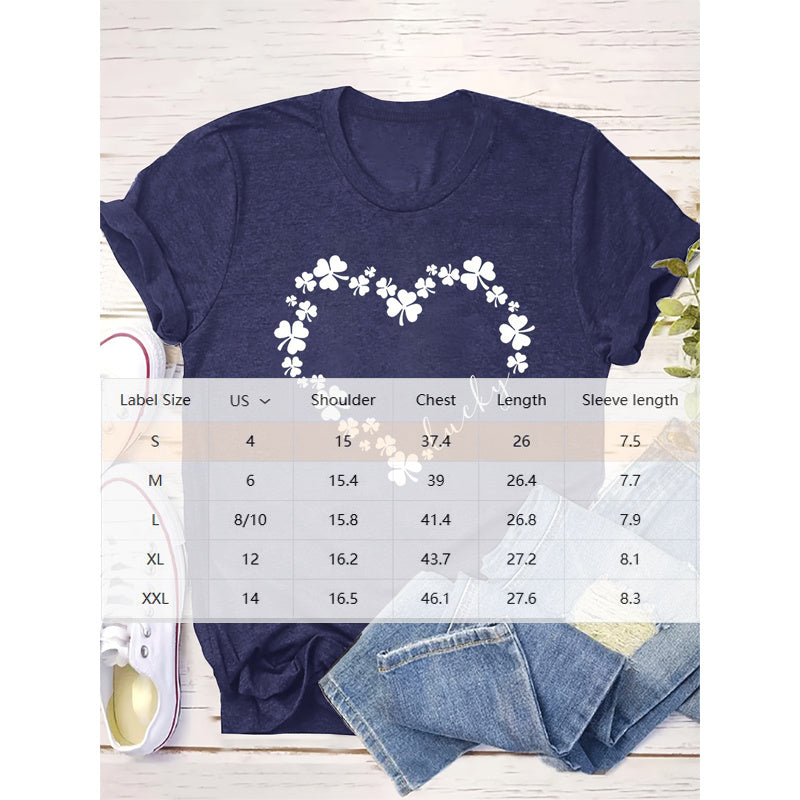 Women's Round Neck Short Sleeve Top Lucky Clover Heart Print Casual Summer Tee