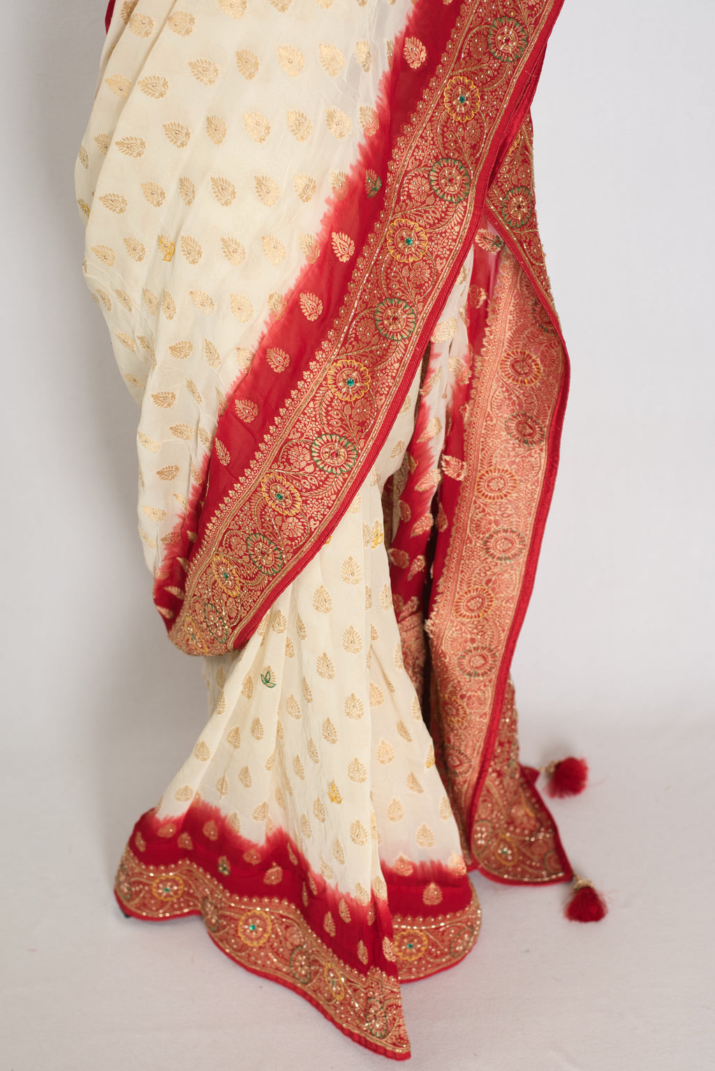 Maya | Off-White & Red Crepe Georgette Banarasi Saree | Bengali Look