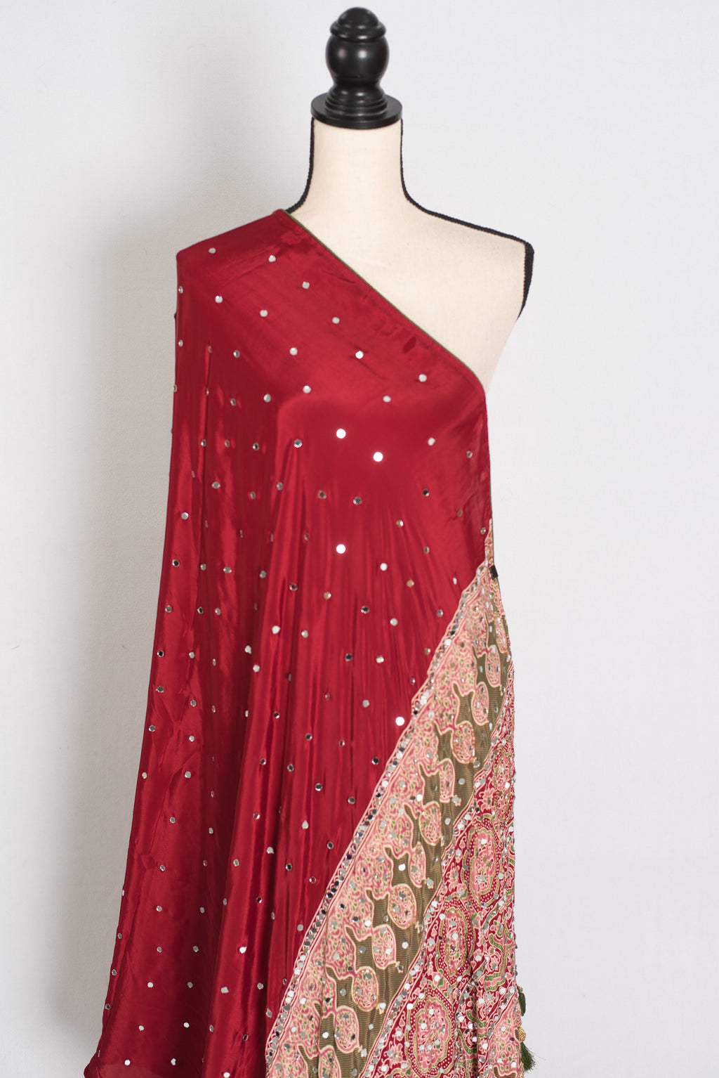 Mouli | Brick Red Mirror Work Partywear Ajrakh Saree | Soft Semi Modal Silk
