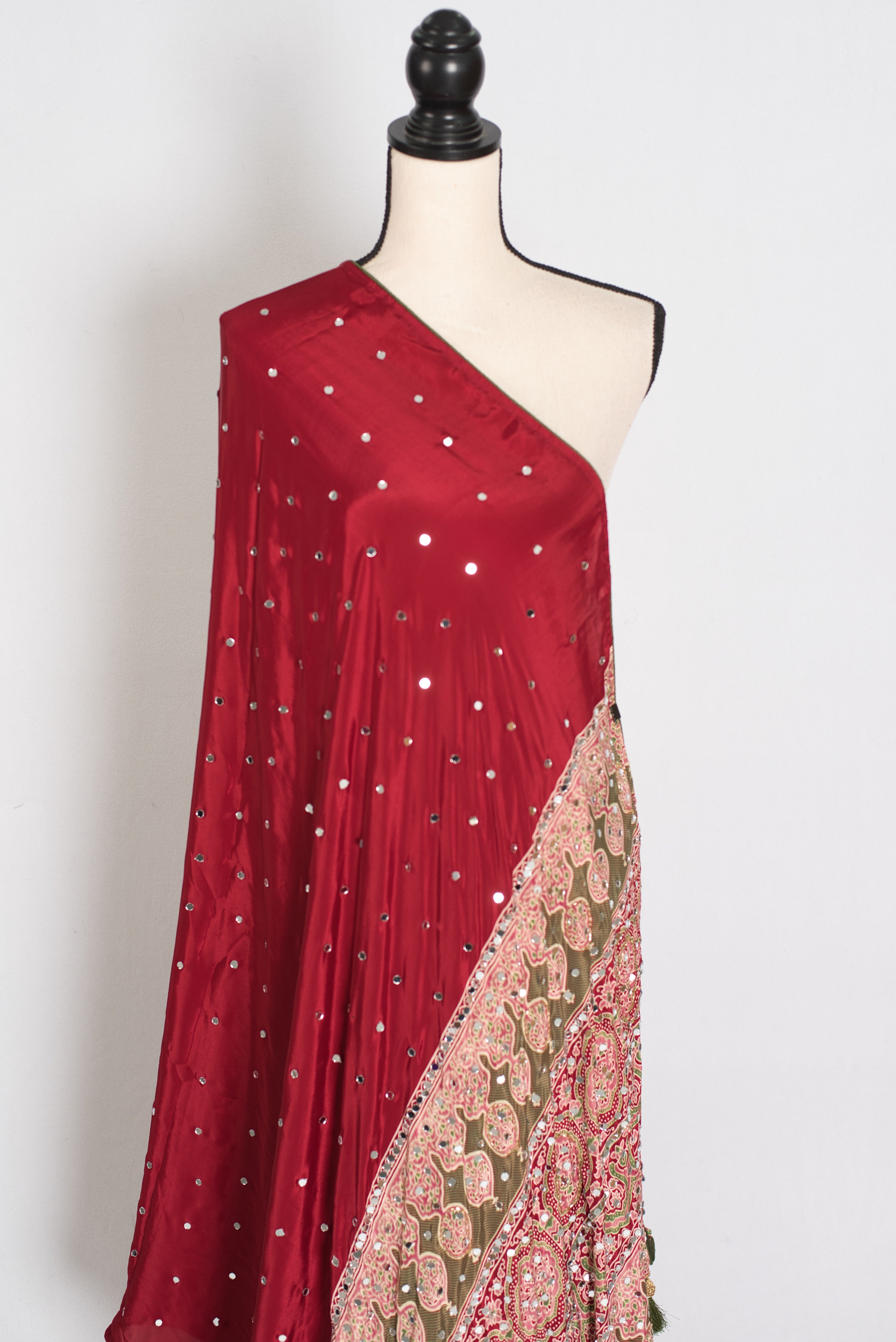 Mouli | Brick Red Mirror Work Partywear Ajrakh Saree | Soft Semi Modal Silk
