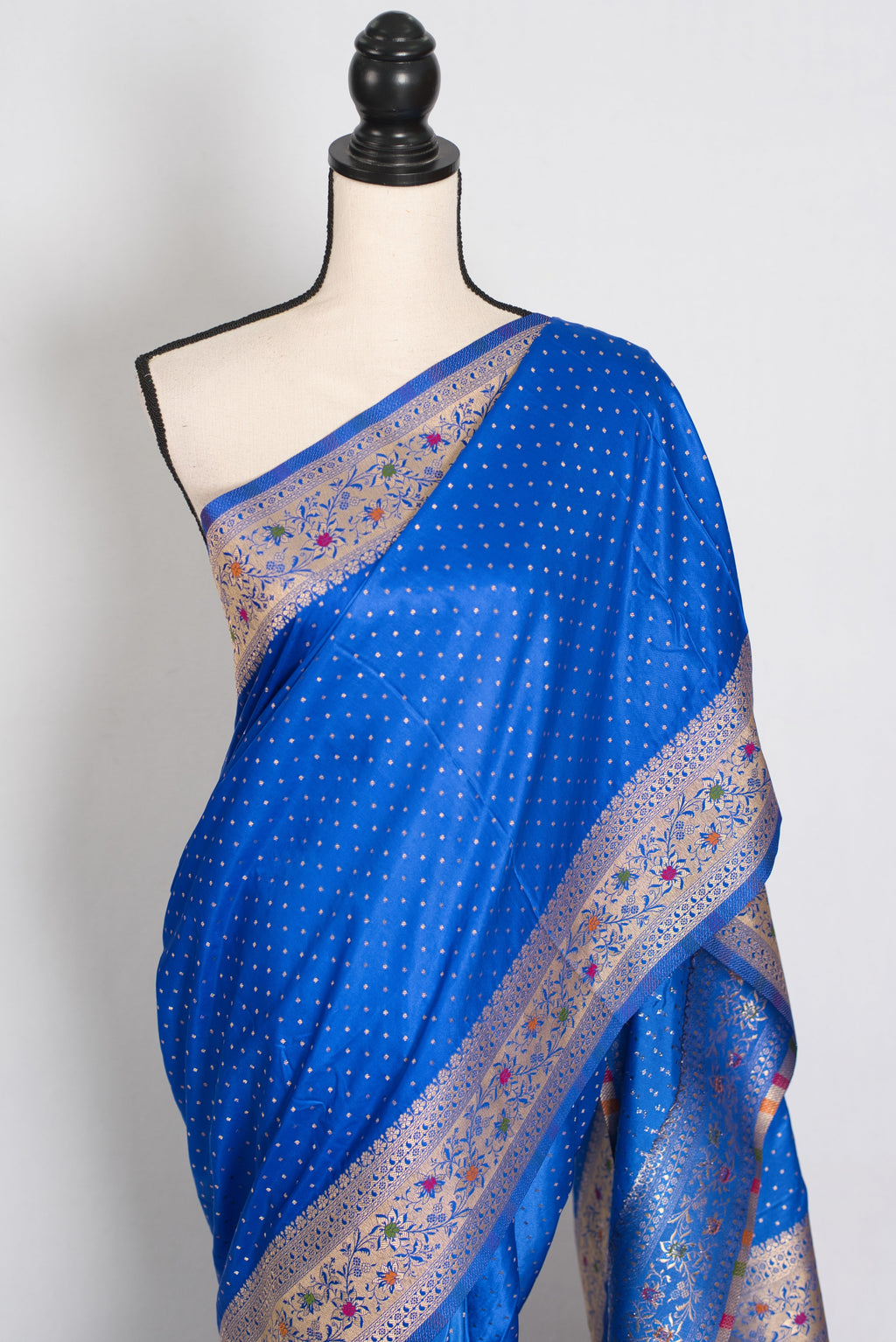 Nila | Blue Semi Mashru Banarasi Saree | Pre-Stitched Size 42 Brocade Blouse