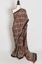 Aliya | Black Ajrakh Printed Mirror Work Saree| Bollywood Inspired Partywear
