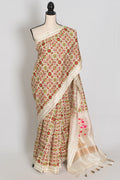 Ira : Off-White Ikkat Print Banarasi Katan Silk Saree – 38 Size Blouse